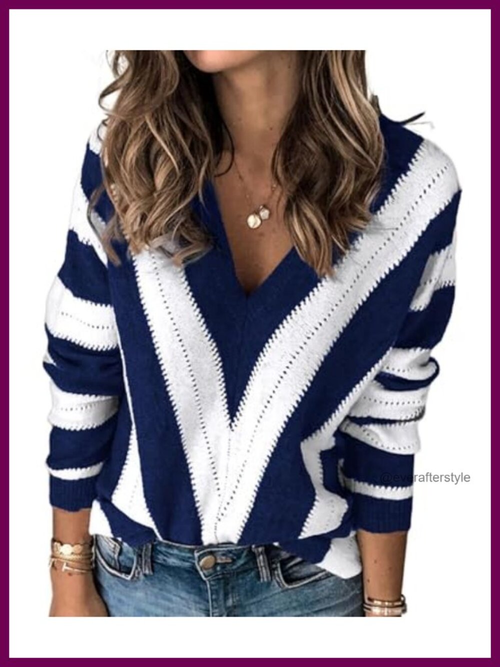 V Neck Striped Knit Pullover Sweater Long Sleeve Loose Fit Soft